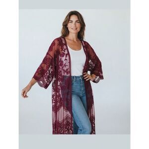 She + Sky Burgundy Lace Kimono S/M – Boho Floral Mesh Embroidered Cover Up